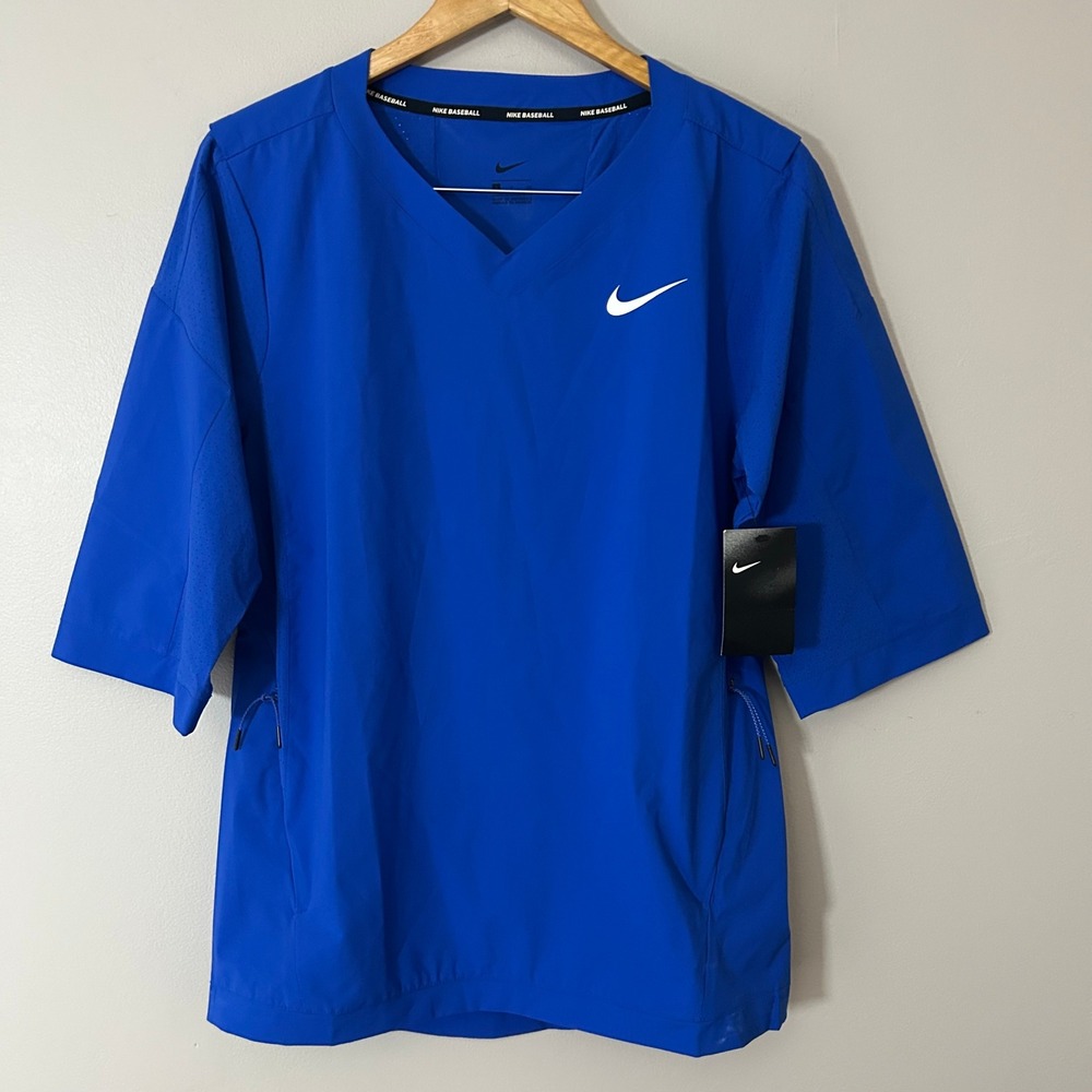 Nike Baseball Windshirt Mens Small Blue V Neck Pullover Short Sleeve Warm Up NWT